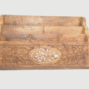 Vintage SOLID WOOD Desk Caddy with Inlays Made in India Hand Carved Wooden